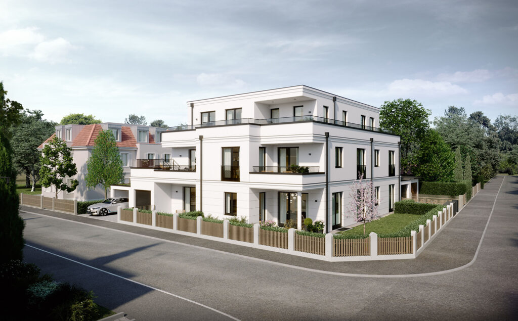 Illustration eines Mehrfamilienhauses mit Dachterrasse in Pasing am Stadtpark erbaut von DOMINO Bau